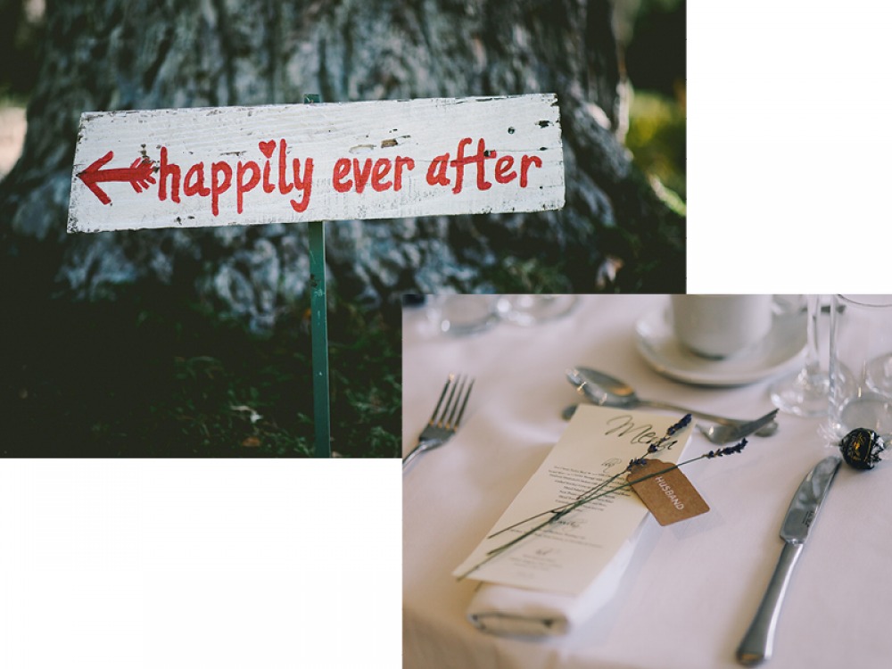 Happily ever after sign and wedding menu with lavender