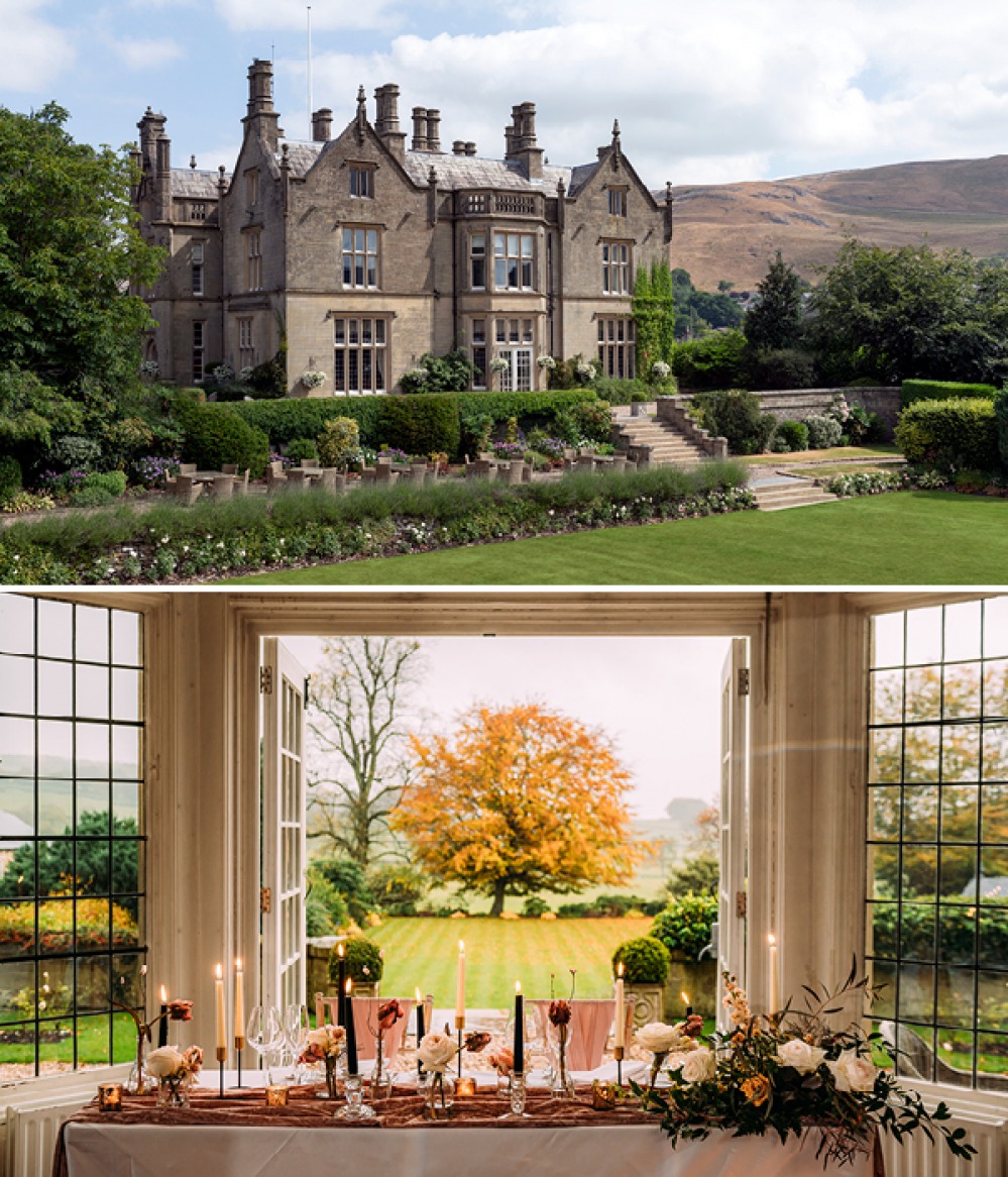 Falcon Manor external shot and wedding top table with views to the garden