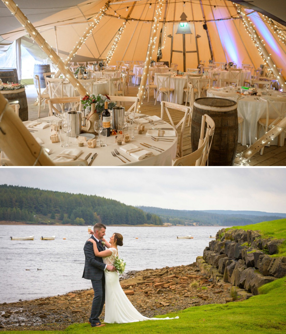 Internal shot of a Tipi set up for a wedding and bride and groom posing at the waterside