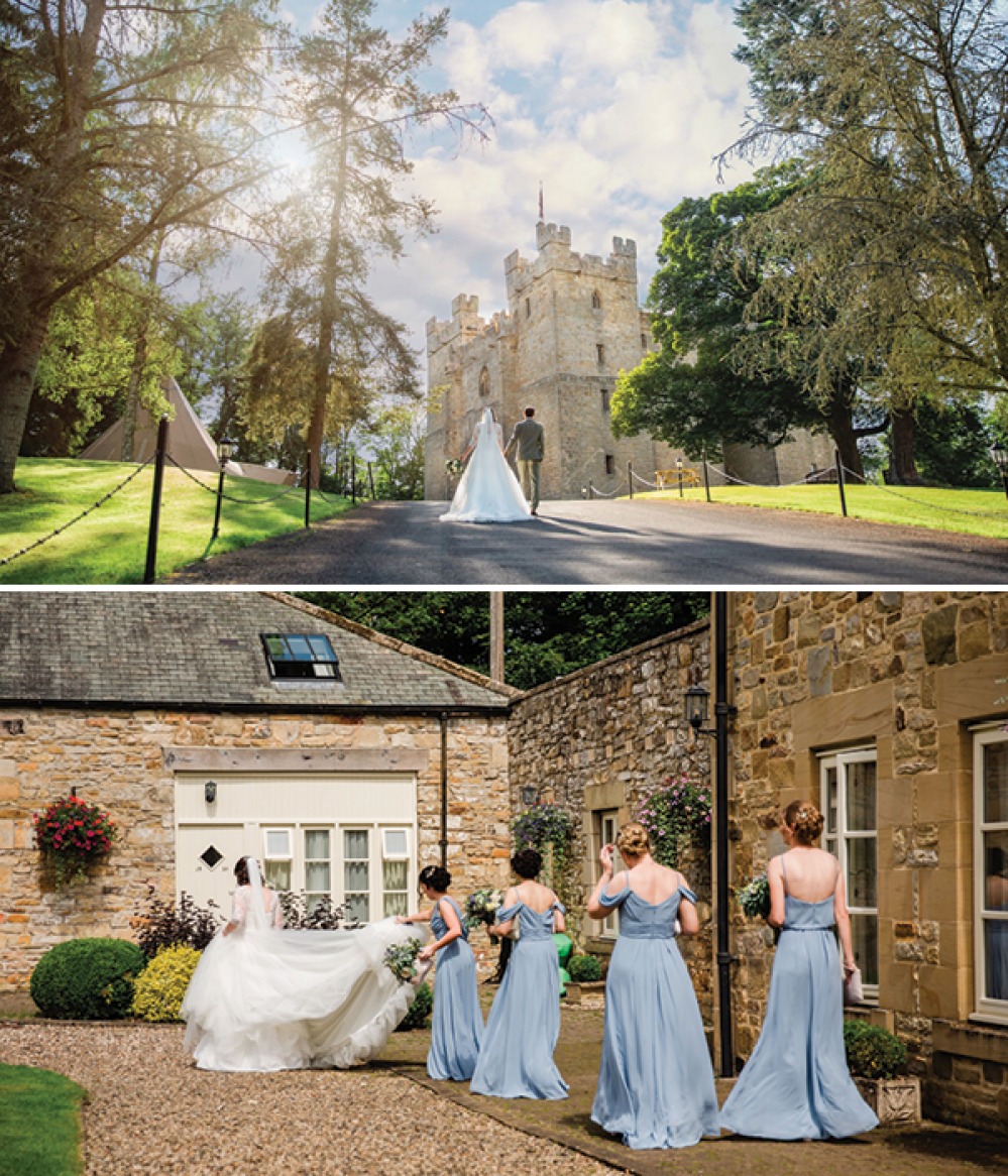 bride and groom on walking up driveway and bridal party walking through courtyard