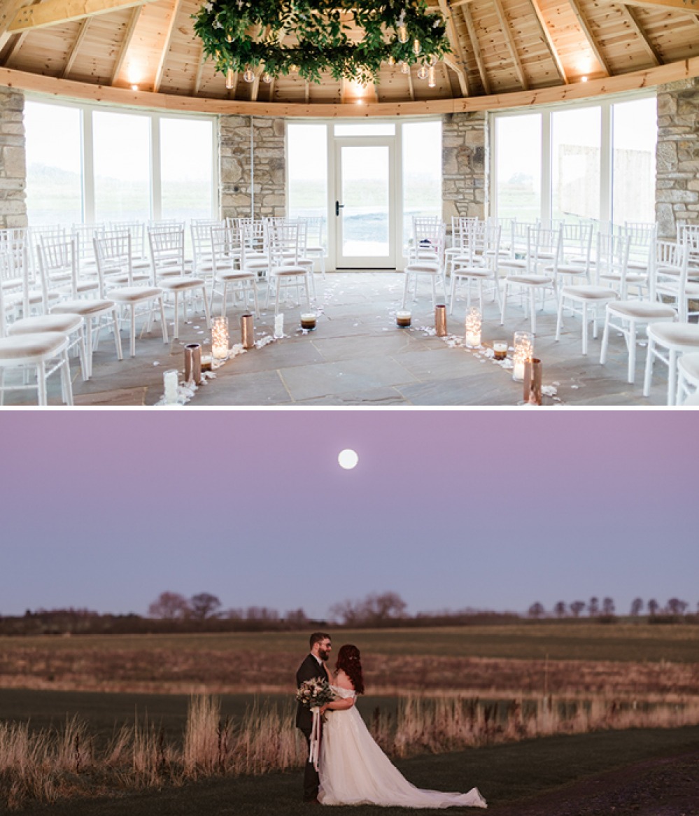 internal shot of wedding venue and bride and groom posing at dusk
