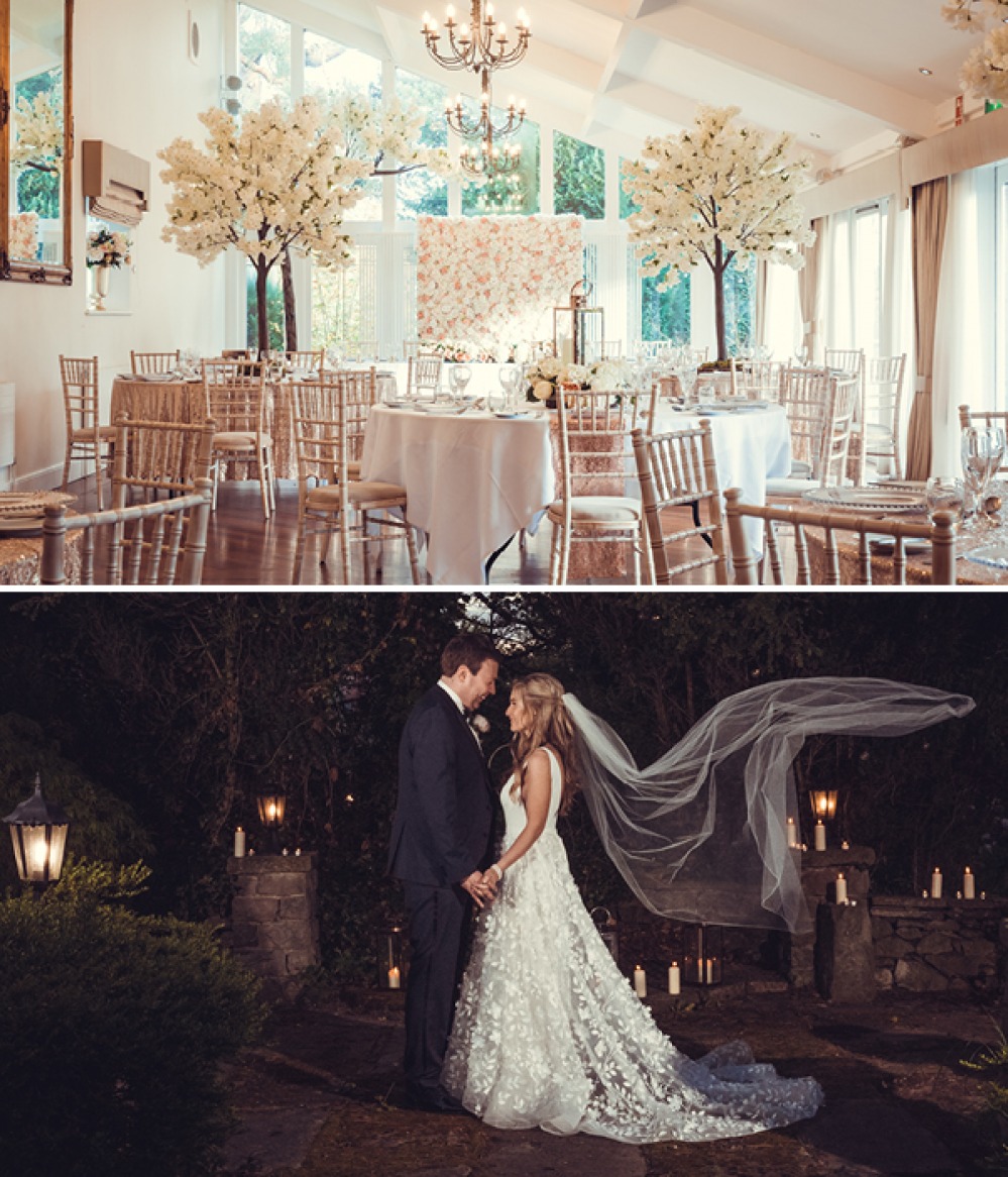 Horton Grange internal shot and bride and groom posing in the grounds surrounded by candles