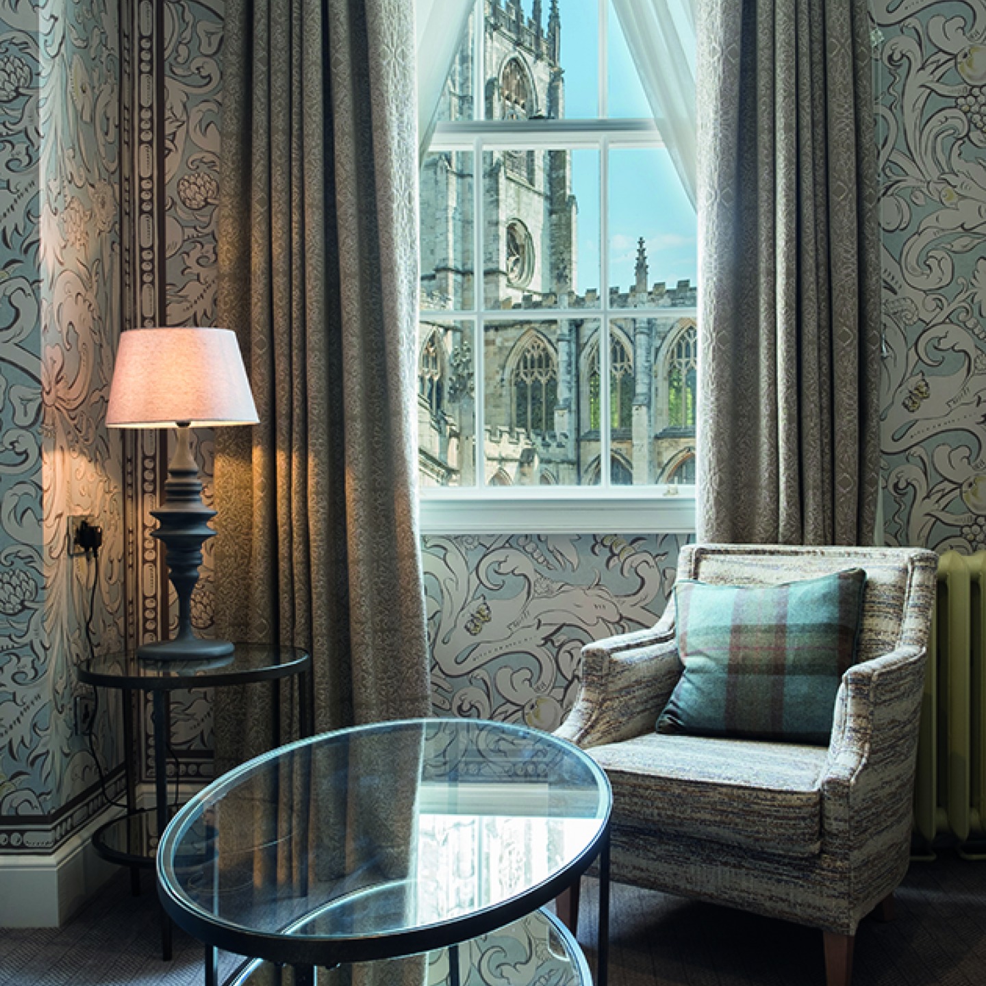 armchair in a window looking out to the Minster