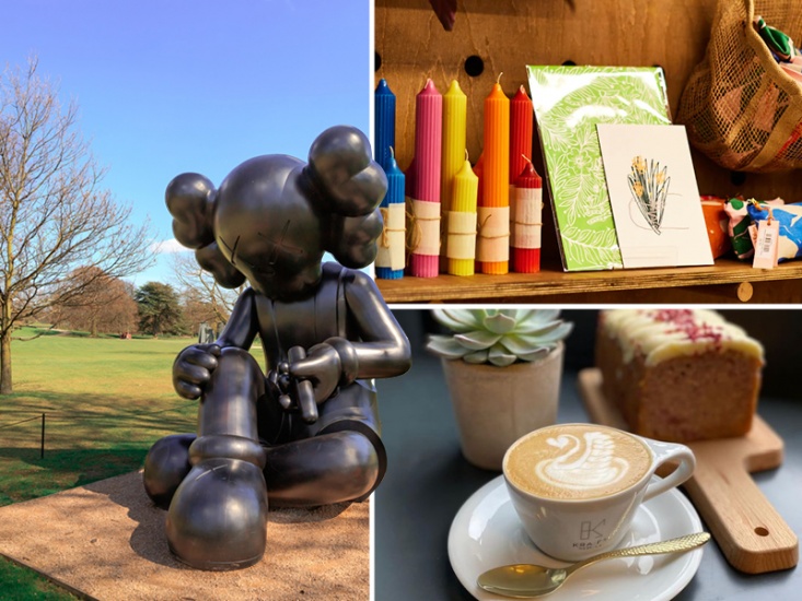 collage of images: Art sculpture, coffee cup, rainbow coloured candles