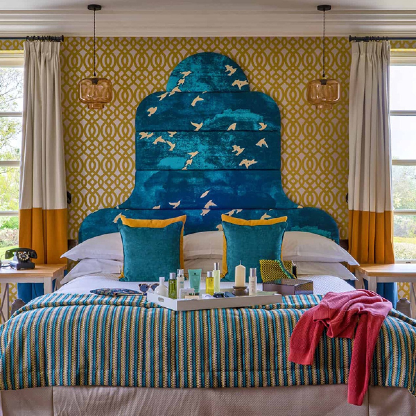 Blue and yellow themed bedroom