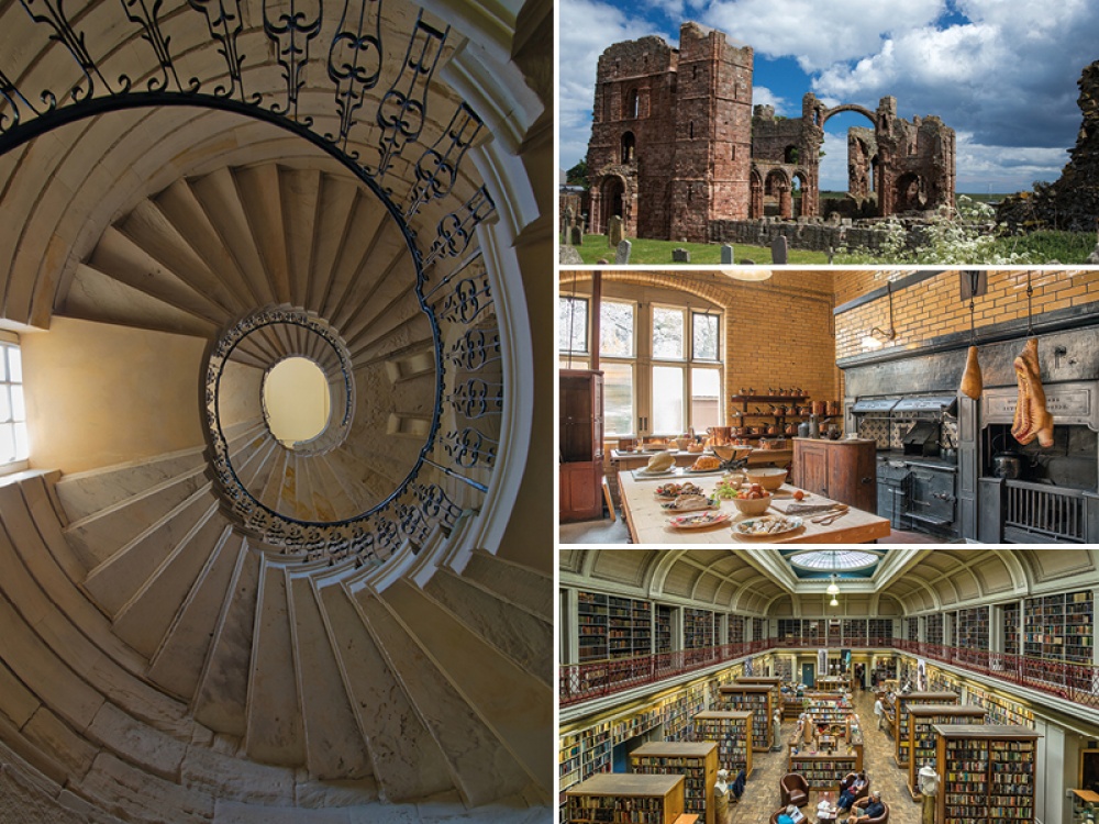 collage of images. Left a spiral staircase, priory ruins, old fashioned kitchen, old public library
