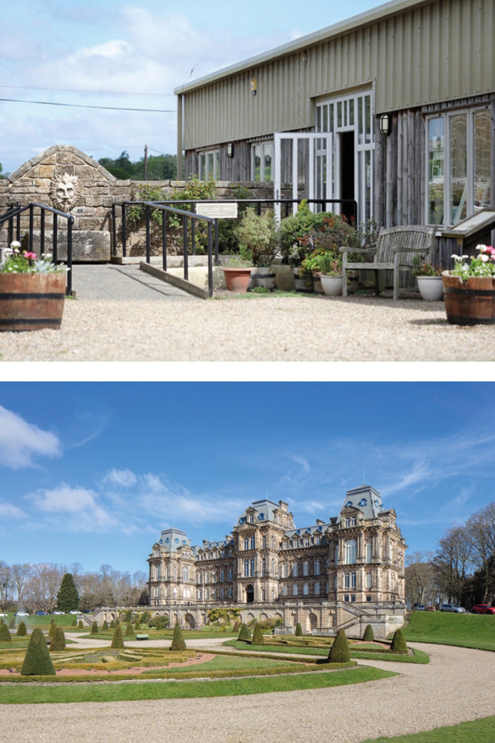 Top: Kirkharle Courtyard. Bottom: The Bowes Museum