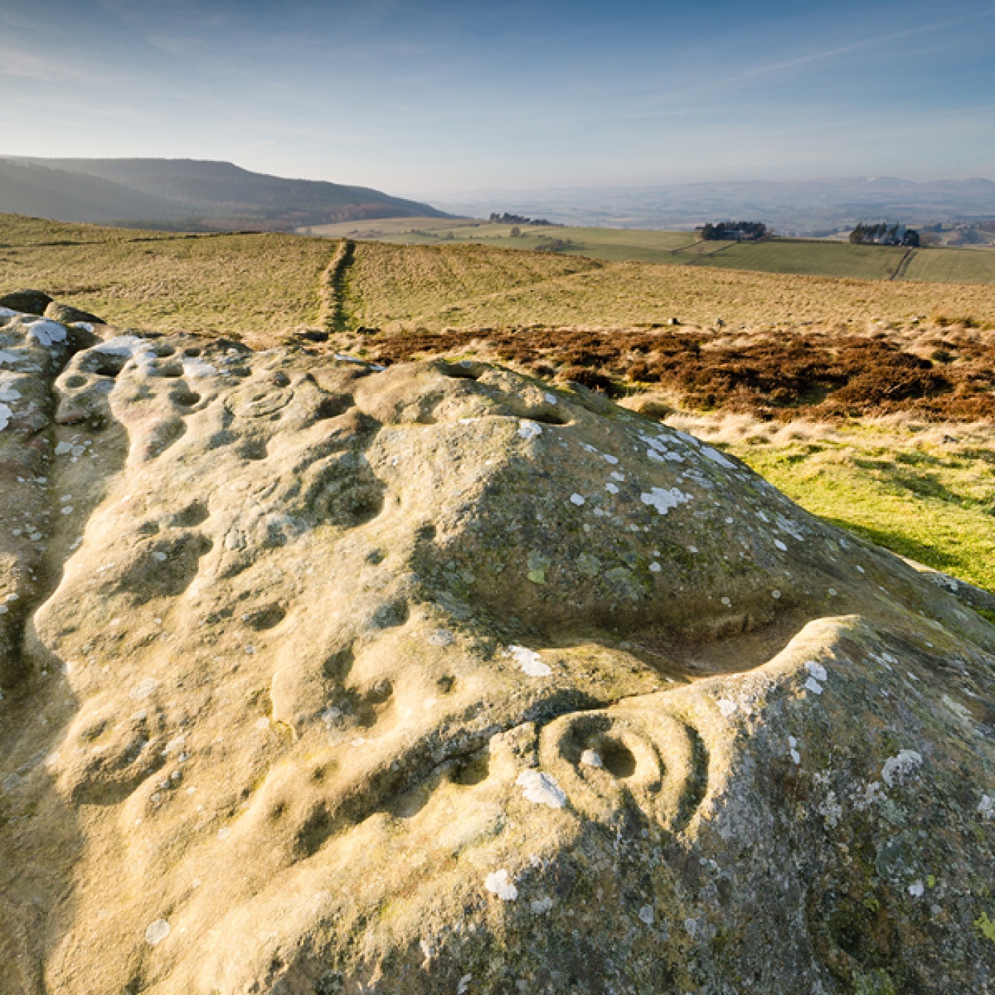 Ancient prehistoric cup and ring rock art is found on many stones at Lordenshaws in the Simonside Hills part of Northumberland National Park