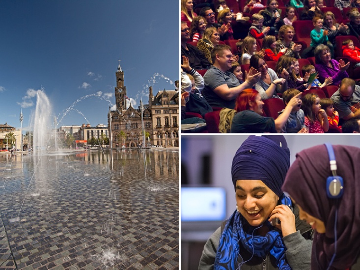 3 images of Bradford water fountain, audience clapping and girls listening to headphones