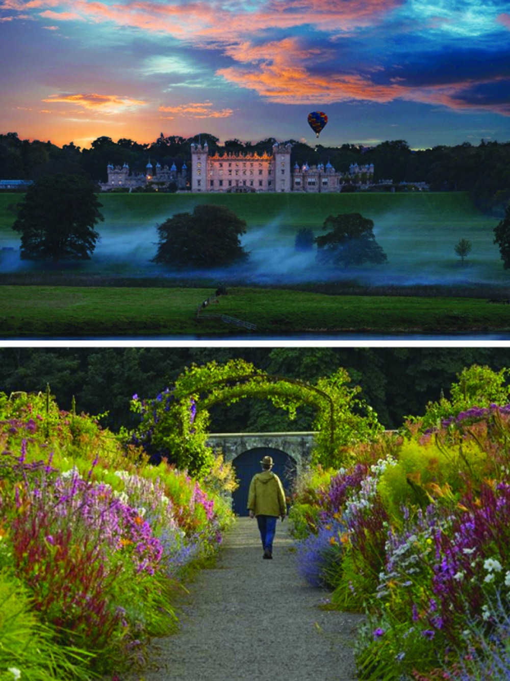 Castle view with hot air balloon and woman walking through walled garden
