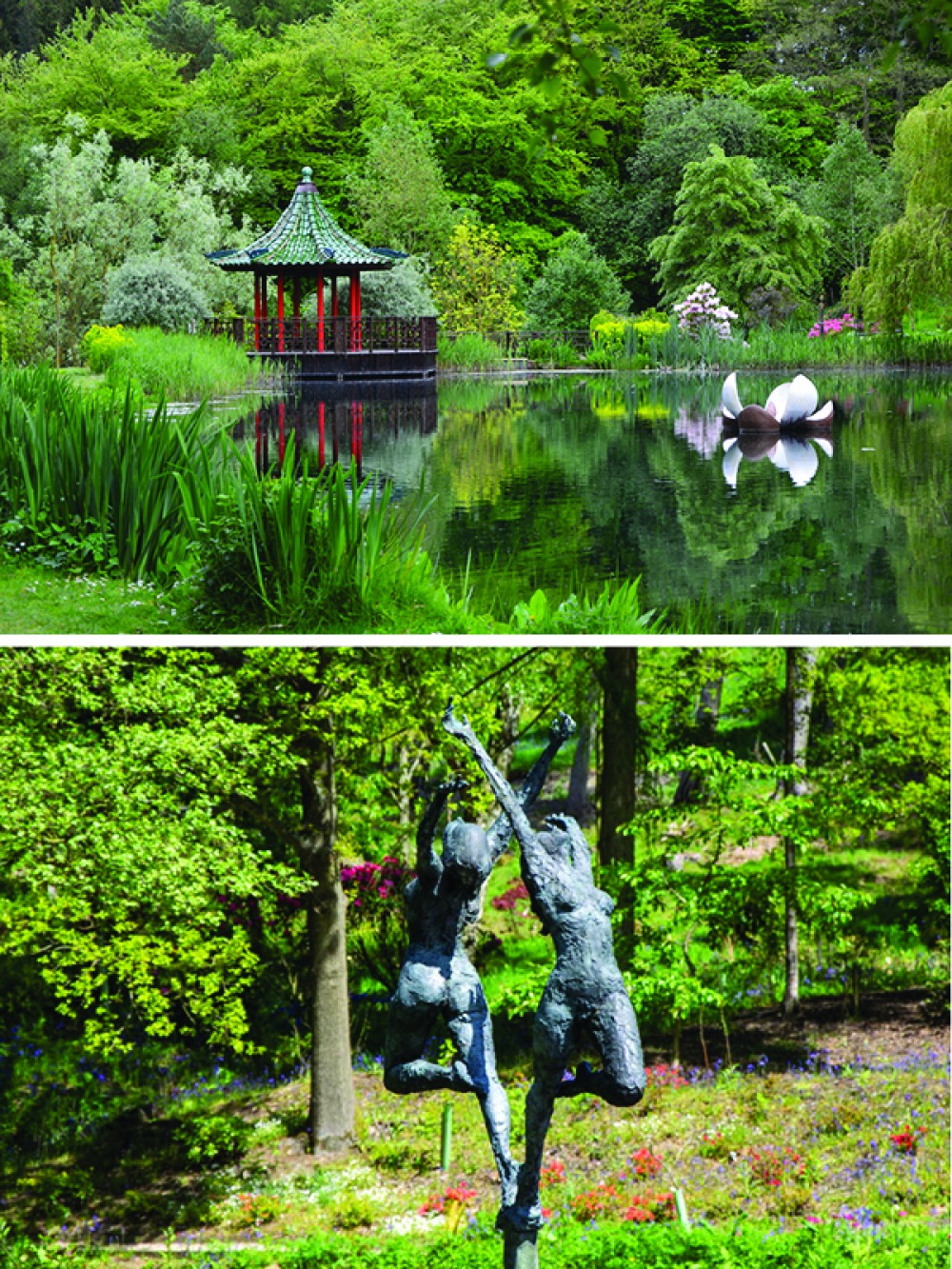 lake with pagoda and sculptures