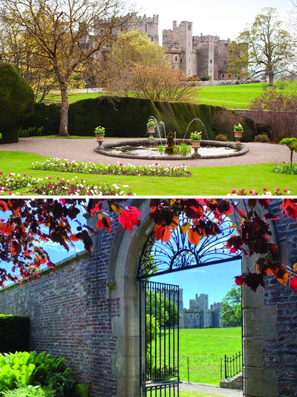 Castle and garden view through a gate