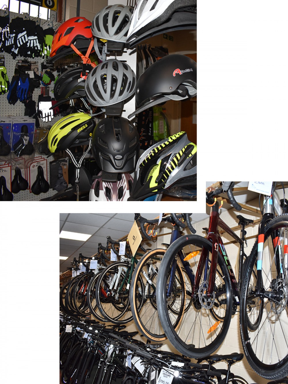 Bike shop with accessories and bikes lined up