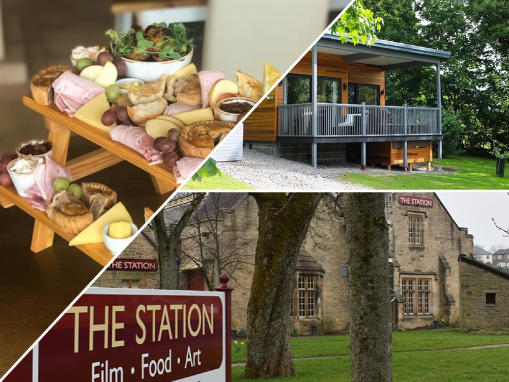 collage of mini picnic table of food, woodland lodge and The Station Richmond external image