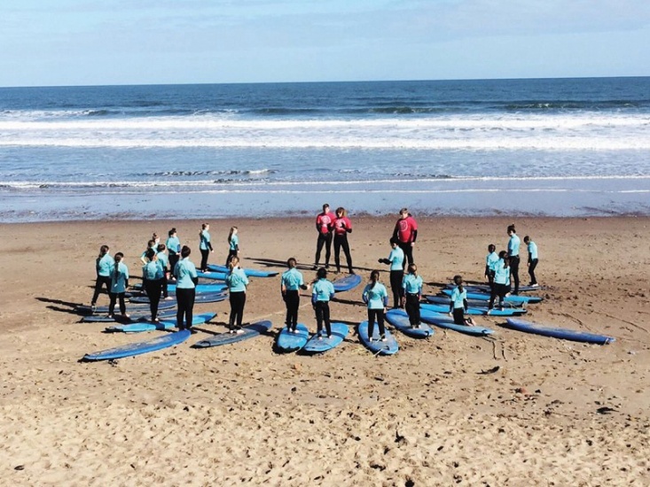 group of children learning to surf