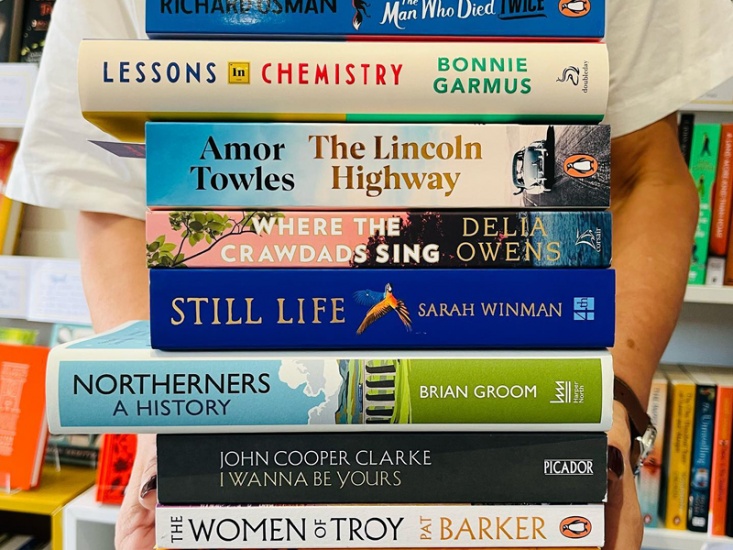 Person holding a stack of books