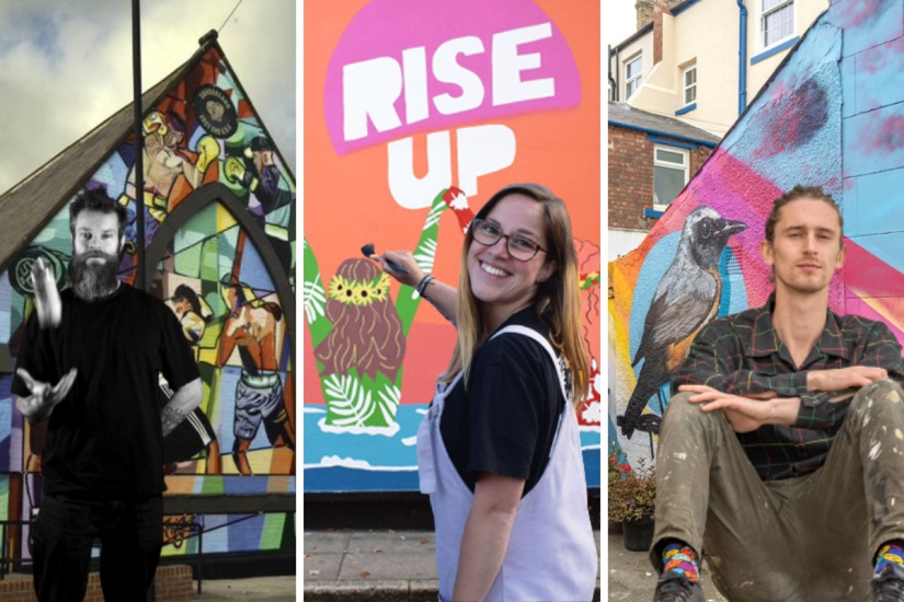 Street artist Frank wearing black throwing a can of paint in front of boxing mural on church. Hazel in front of her female flower power mural with Rise Up words across. Bird street art with street artist Lewis Dobson