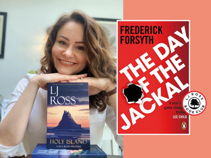 Author LJ Ross with one of her books and cover of The Day of the Jackal by Frederick Forsyth