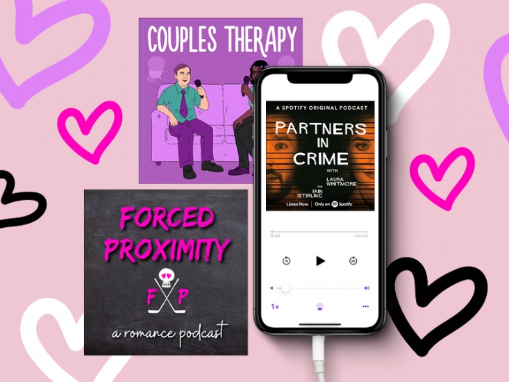 podcast covers on a pink heart background