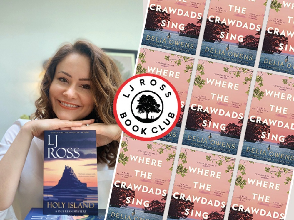 On the left is a woman smiling holding a book she wrote. On the right is a repeated book cover and sticker which says LJ Ross Book Club