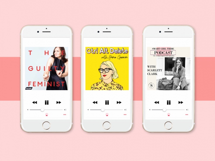 pink background with iPhone images playing featured podcasts