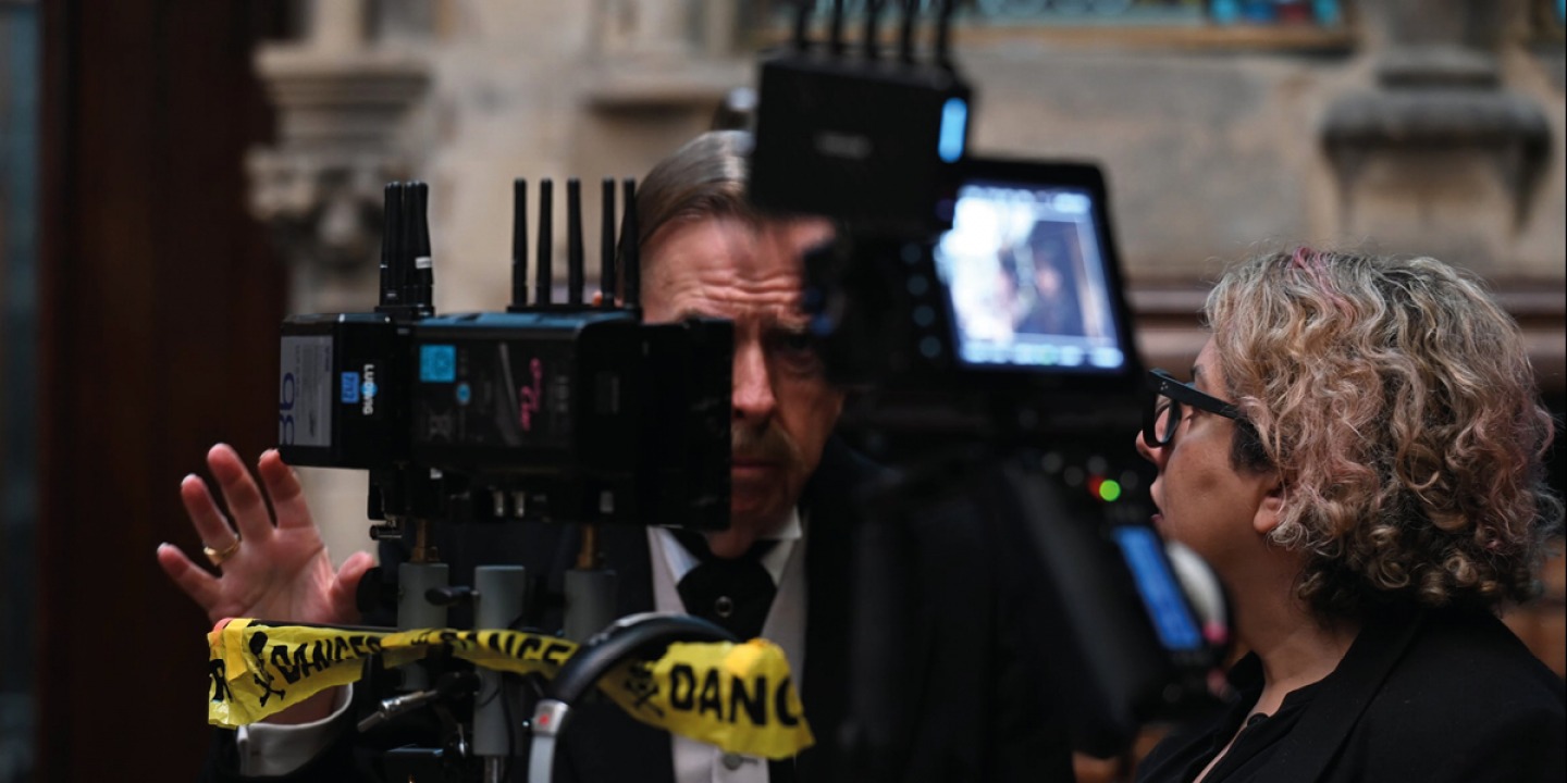 Timothy Spall and Tina Gharavi during filming