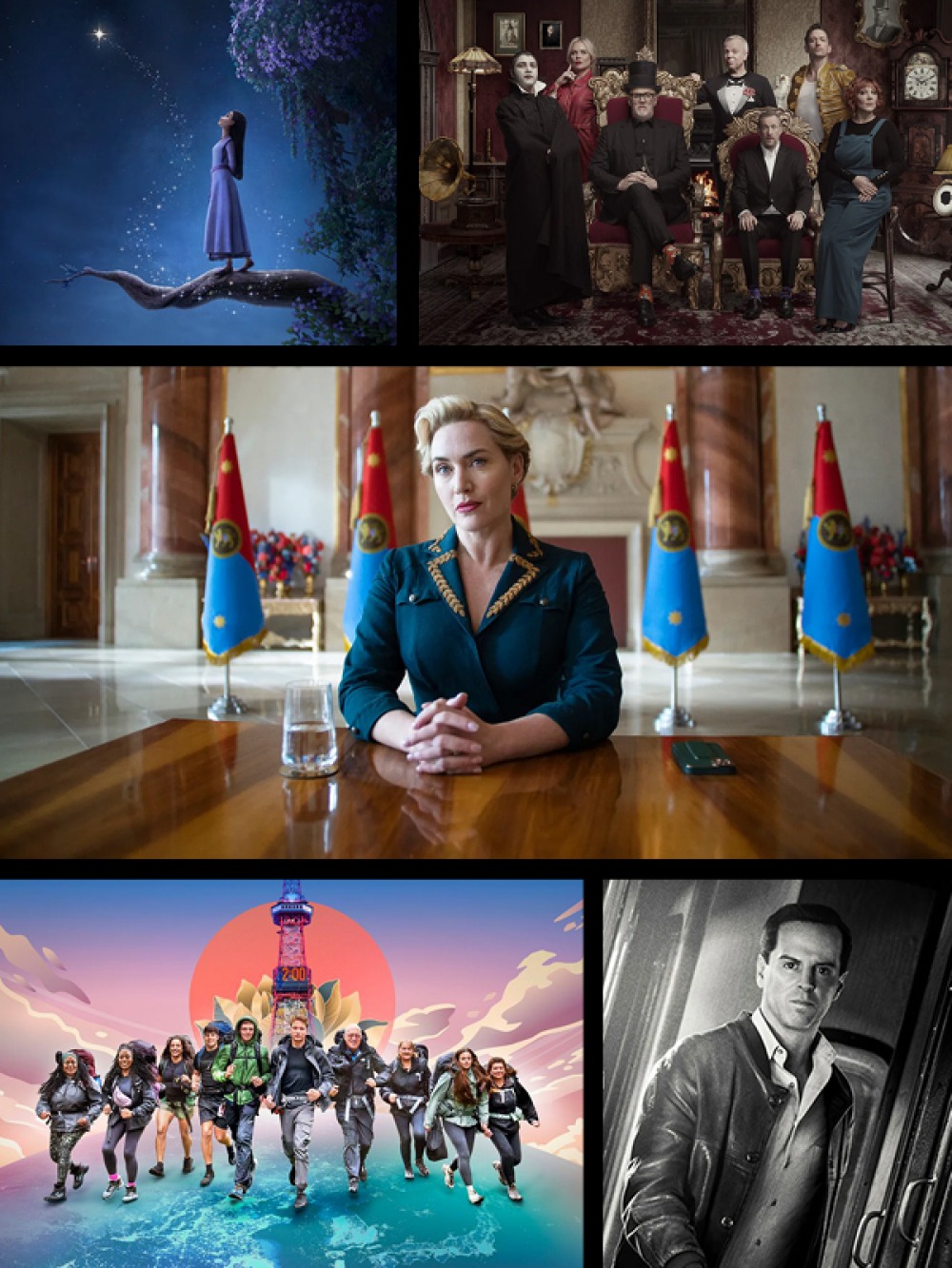 Clockwise from top left: Wish | Taskmaster | The Regime | Ripley | Race Across The World