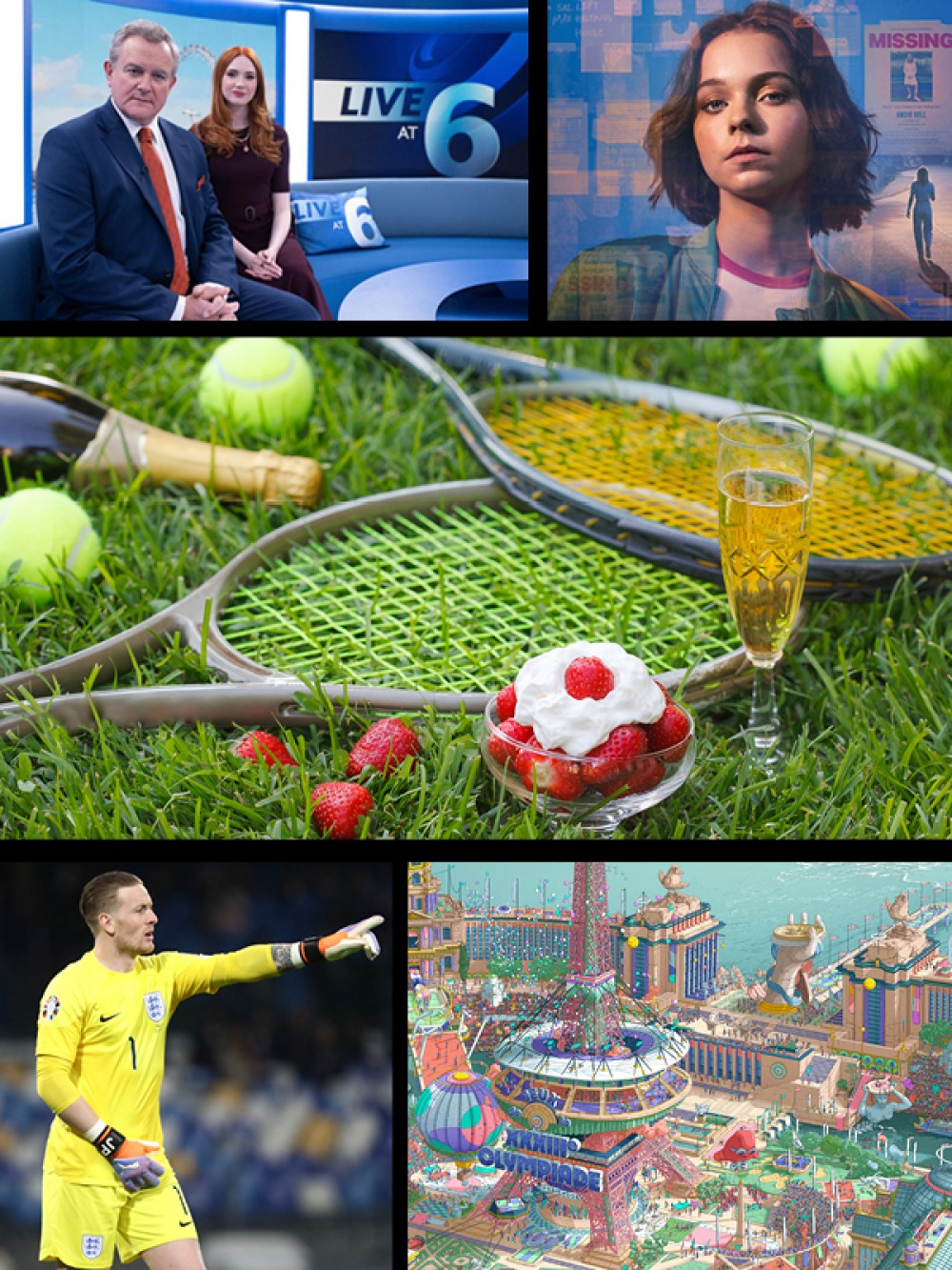 Top: Douglas is Cancelled | A Good Girl’s Guide to Murder. Middle: Wimbledon. Bottom: The Euros | Summer Olympic Games