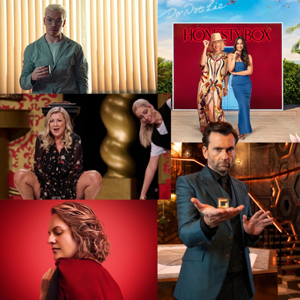 Clockwise from top left: Black Mirror | Honesty Box | Genius Game | The Handmaids Tale | Taskmaster