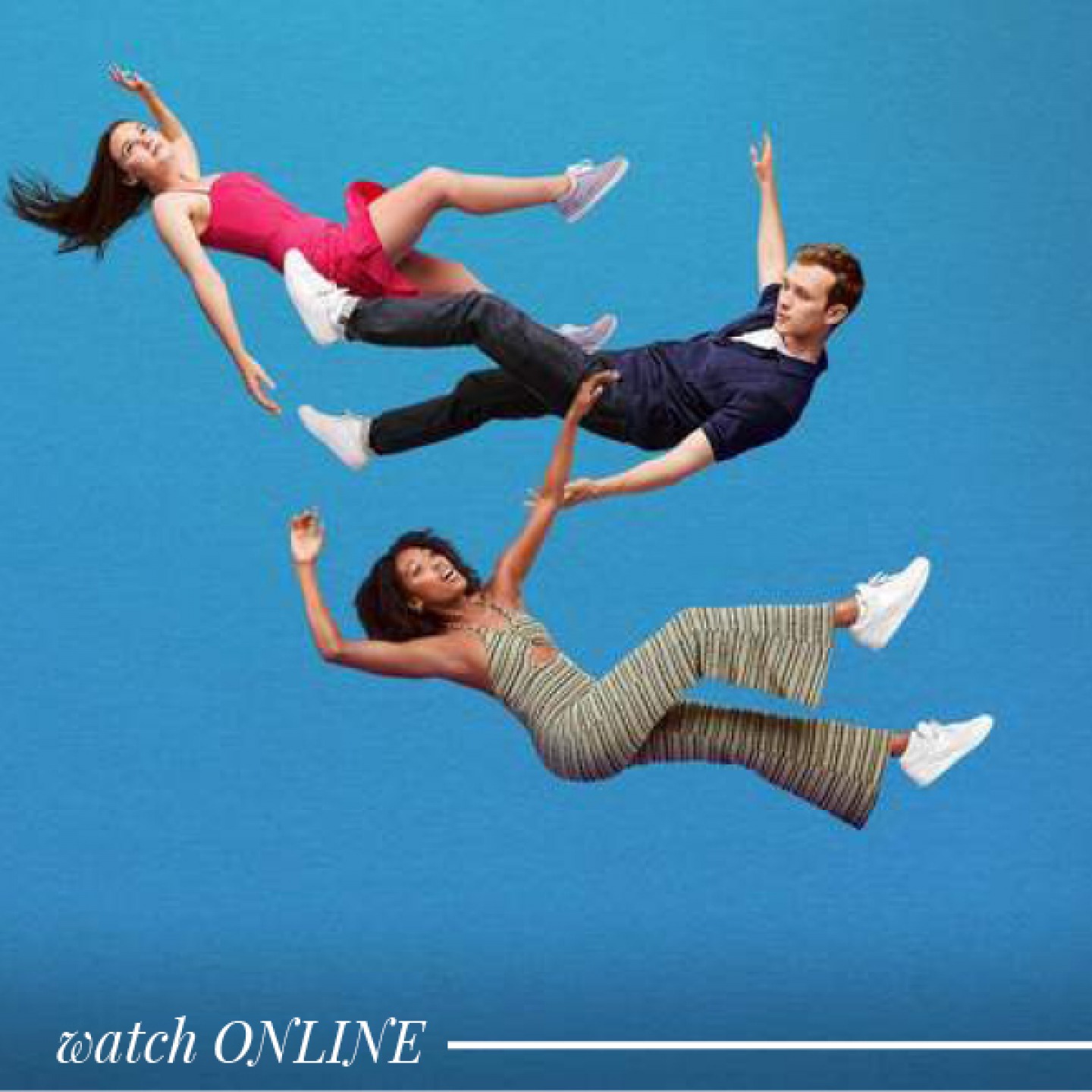 3 people fall through the air graphic promoting a tv show