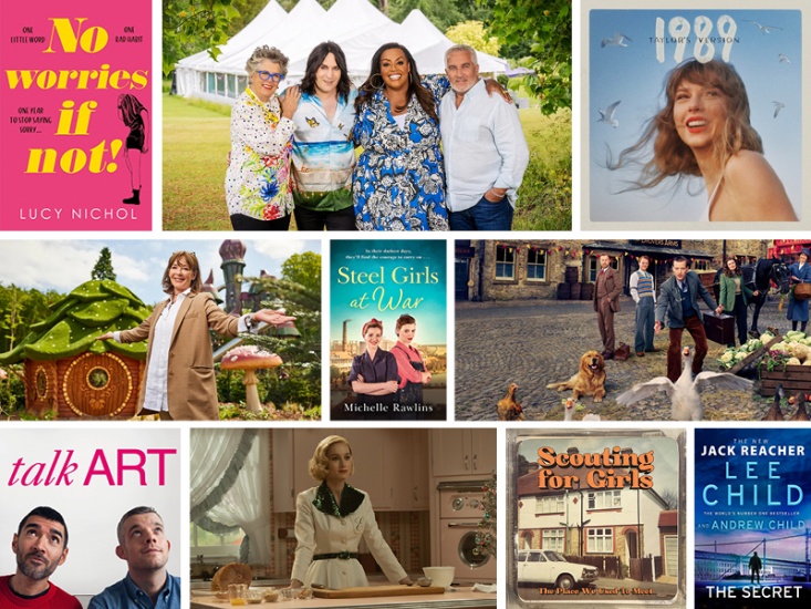 collage of featured books, shows and albums