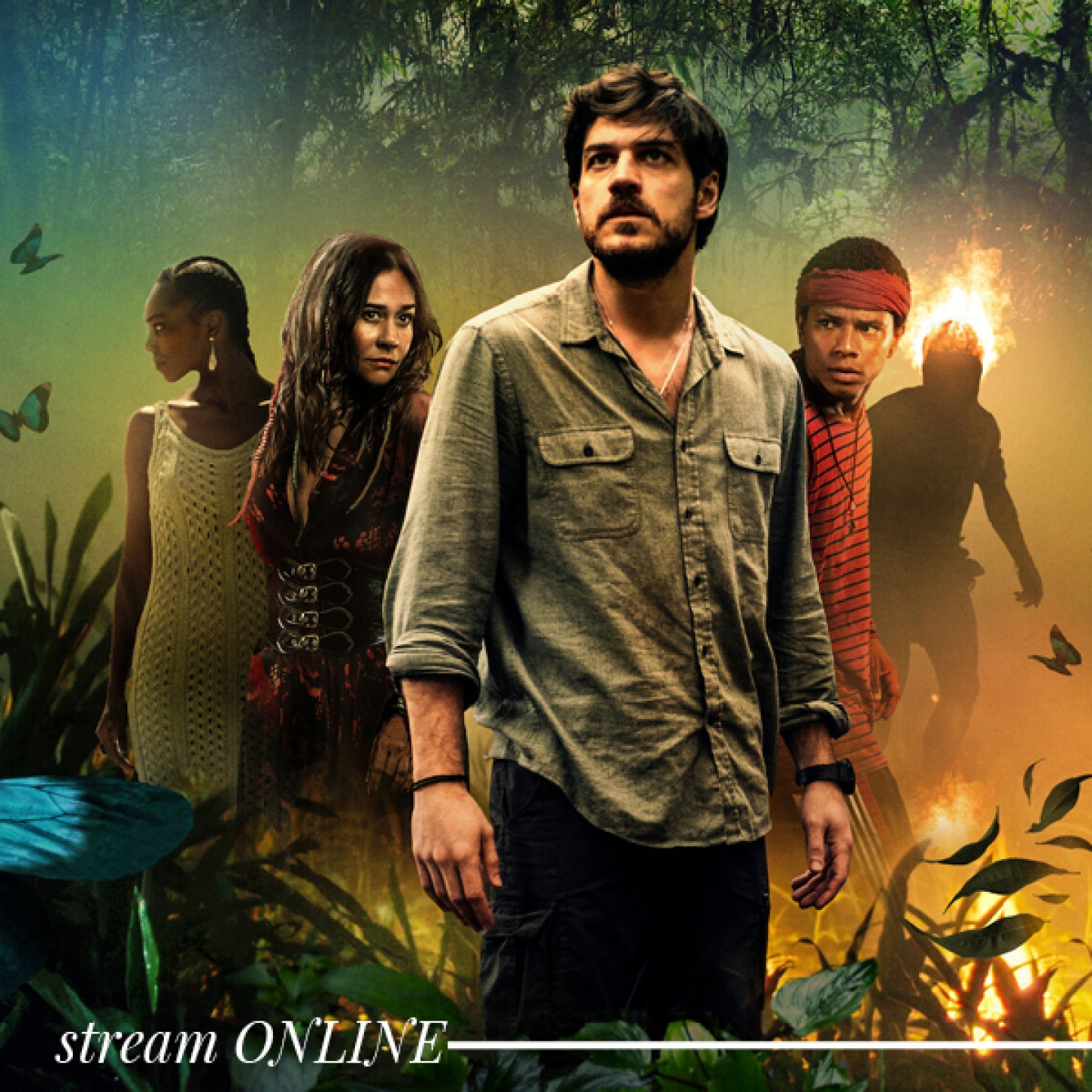TV show promotion shot of 4 people with a jungle scene behind