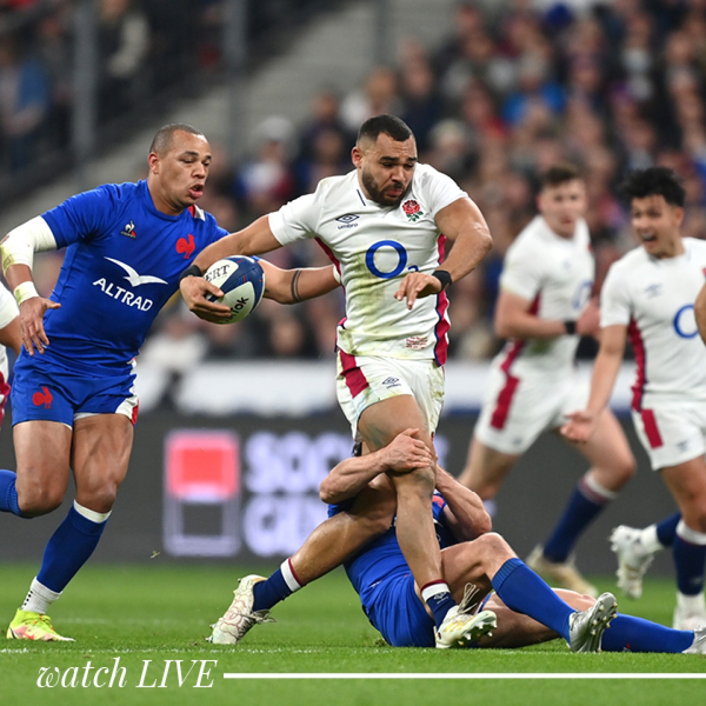 an action shot of a rugby match (England v France)