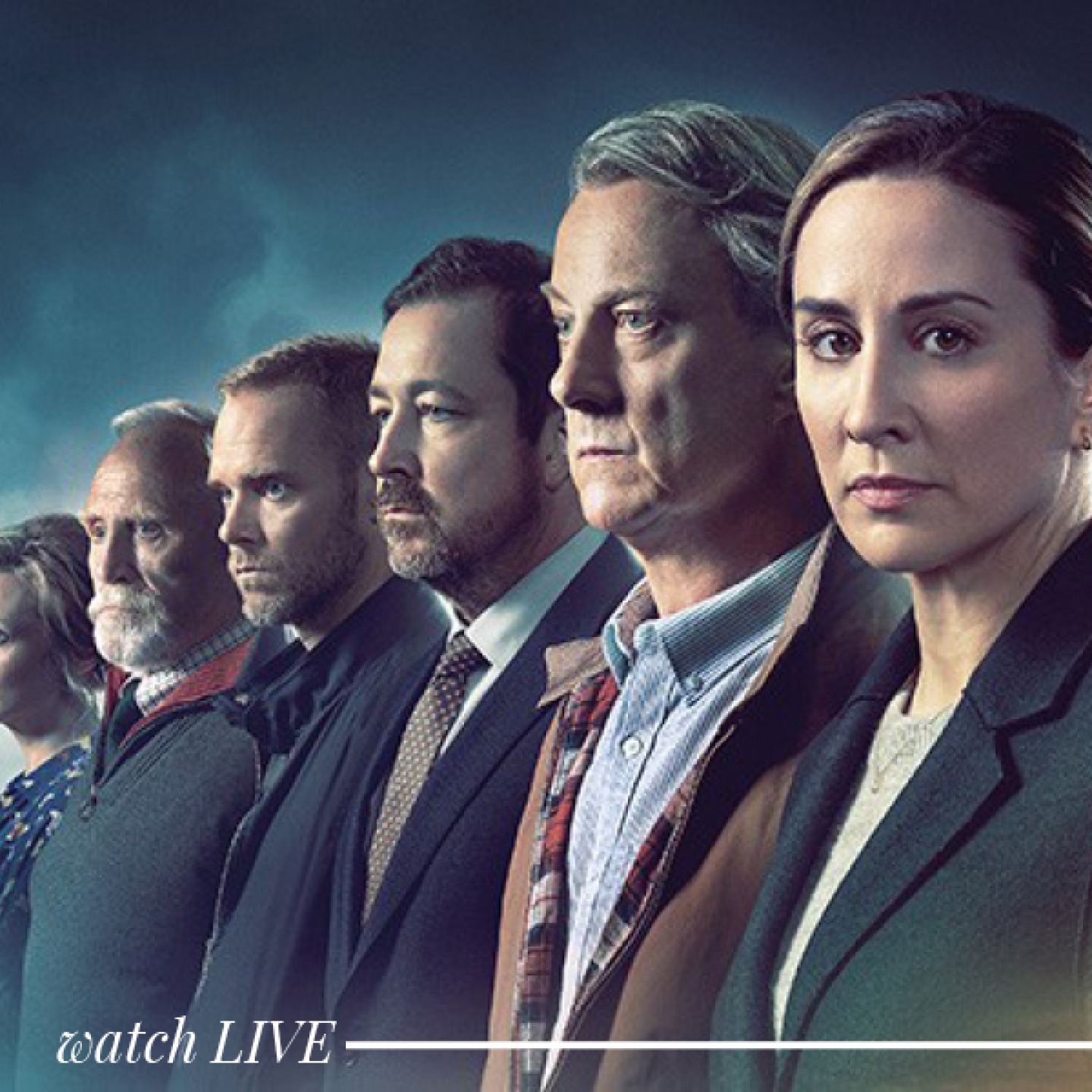 a row of people stood in a diagonal line with the front person looking at the camera