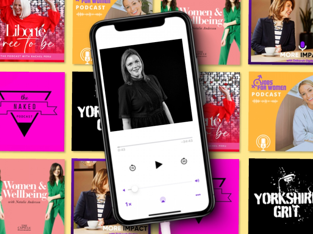 podcasts covers on a yellow background with a mock up mobile phone