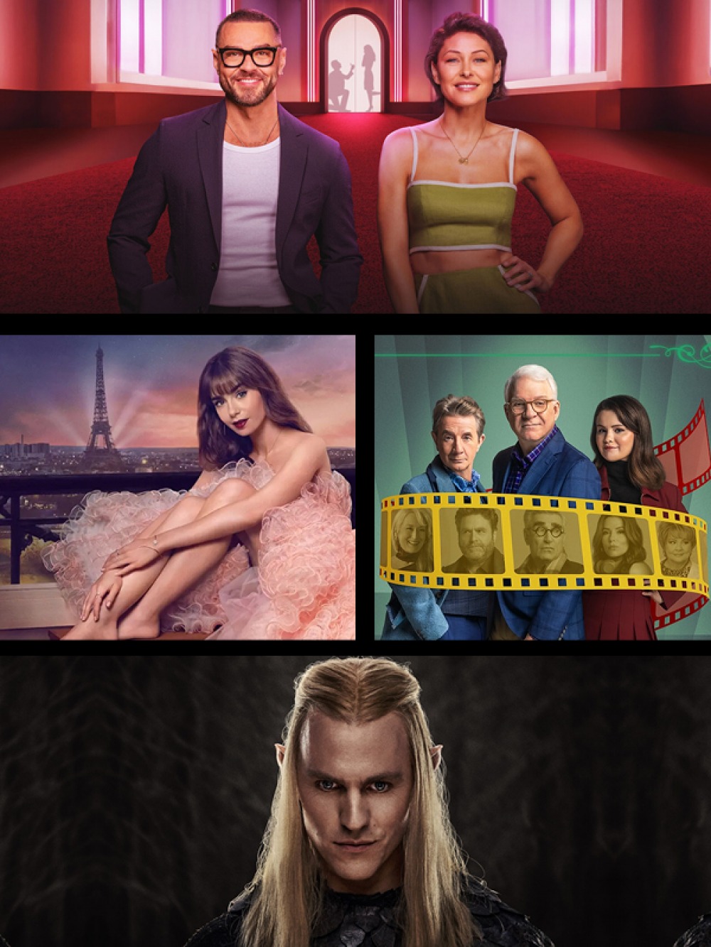 Top: Love is Blind: UK Middle: Emily in Paris | Only Murders in the Building Bottom: The Lord of the Rings: The Rings of Power