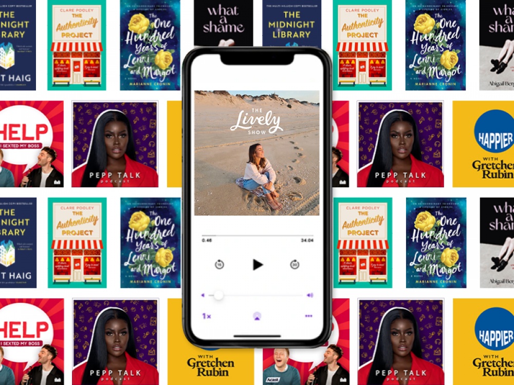 Collage of Art work for featured books and podcasts