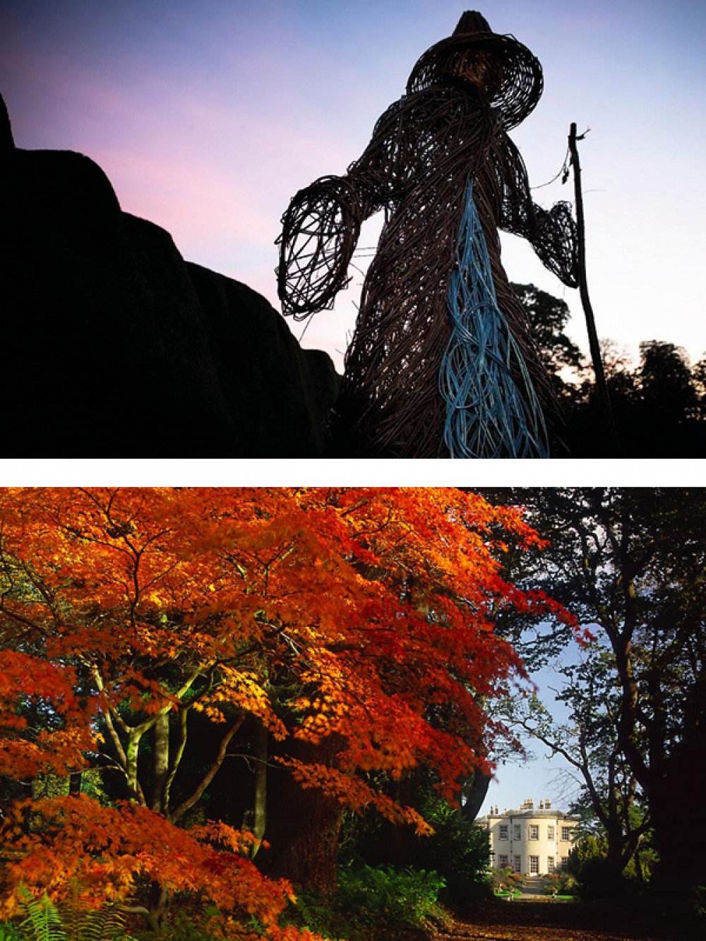 wicker witch statue and autumnal trees at Thorp Perrow
