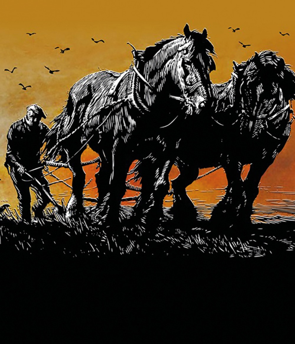 illustration of farmer ploughing with horses