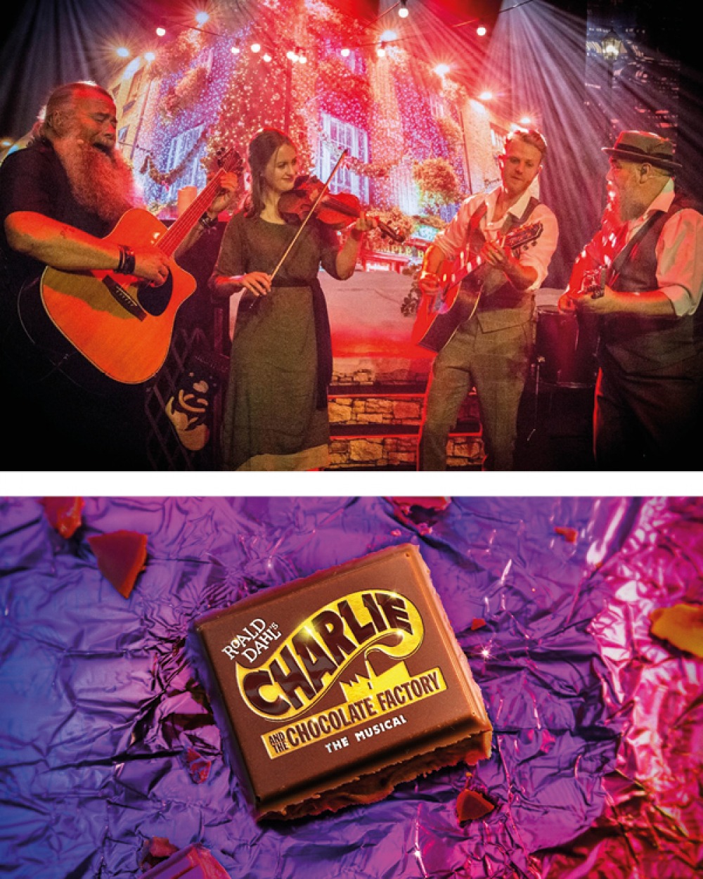 musicians playing and a chocolate bar below