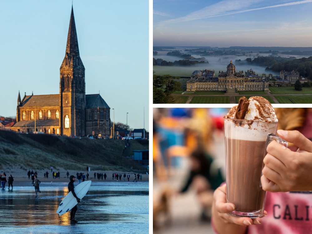 man standing in front of a church ready to go surfing, castle in the fog, hand holding a hot chocolate with cream