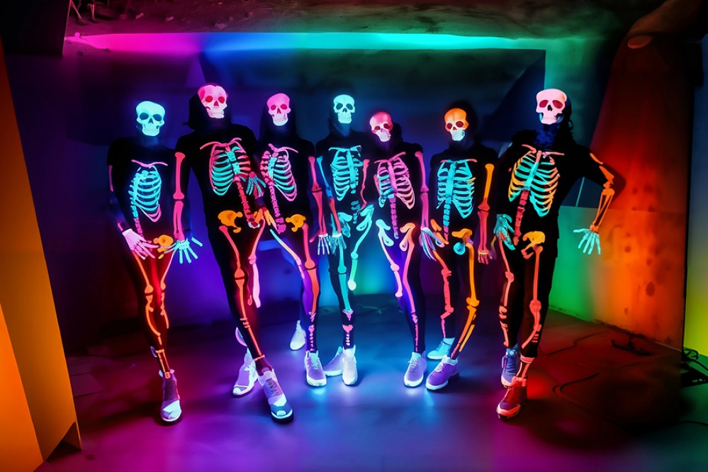 People dressed as skeletons with brights lights