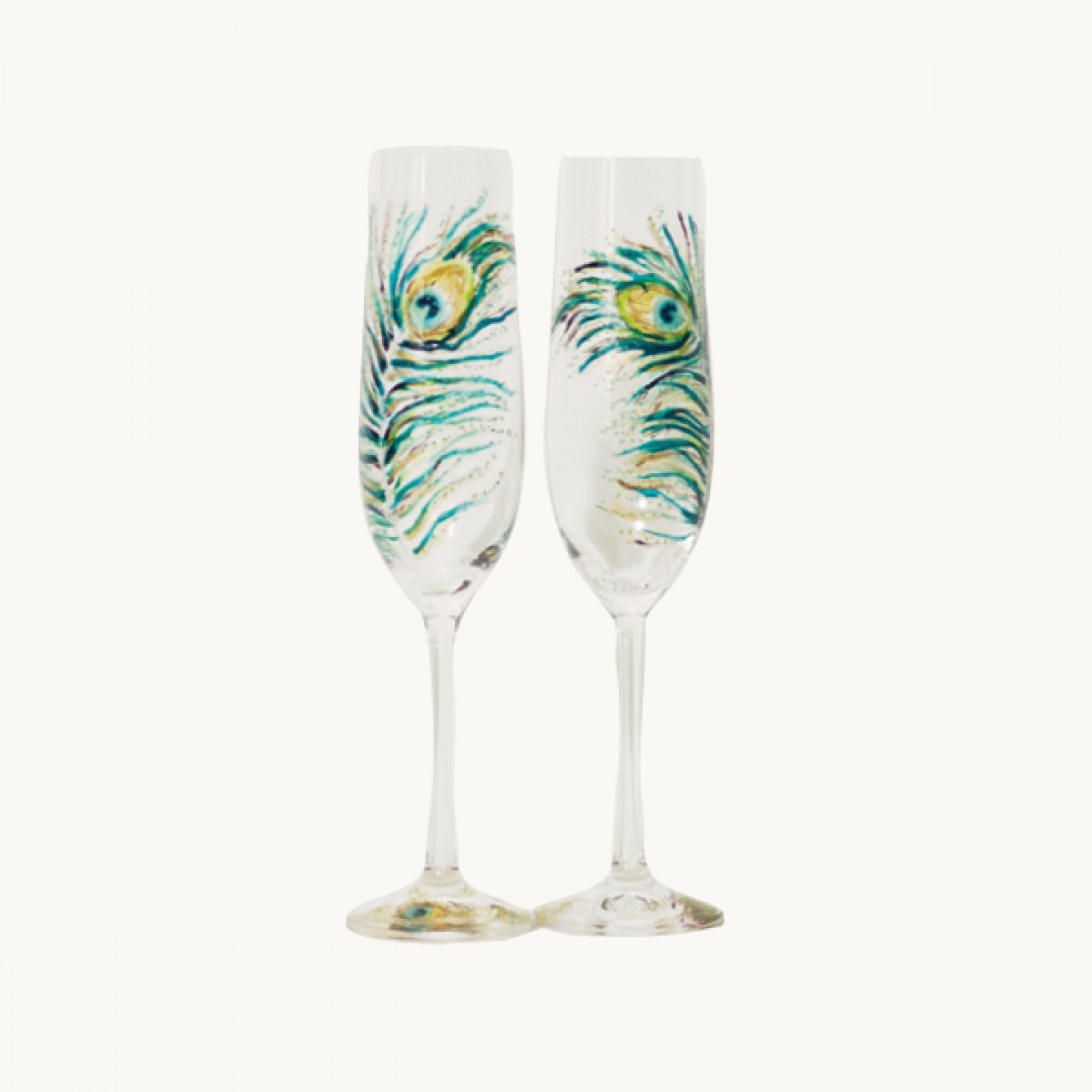 Peacock Feather hand-painted Champagne glasses
