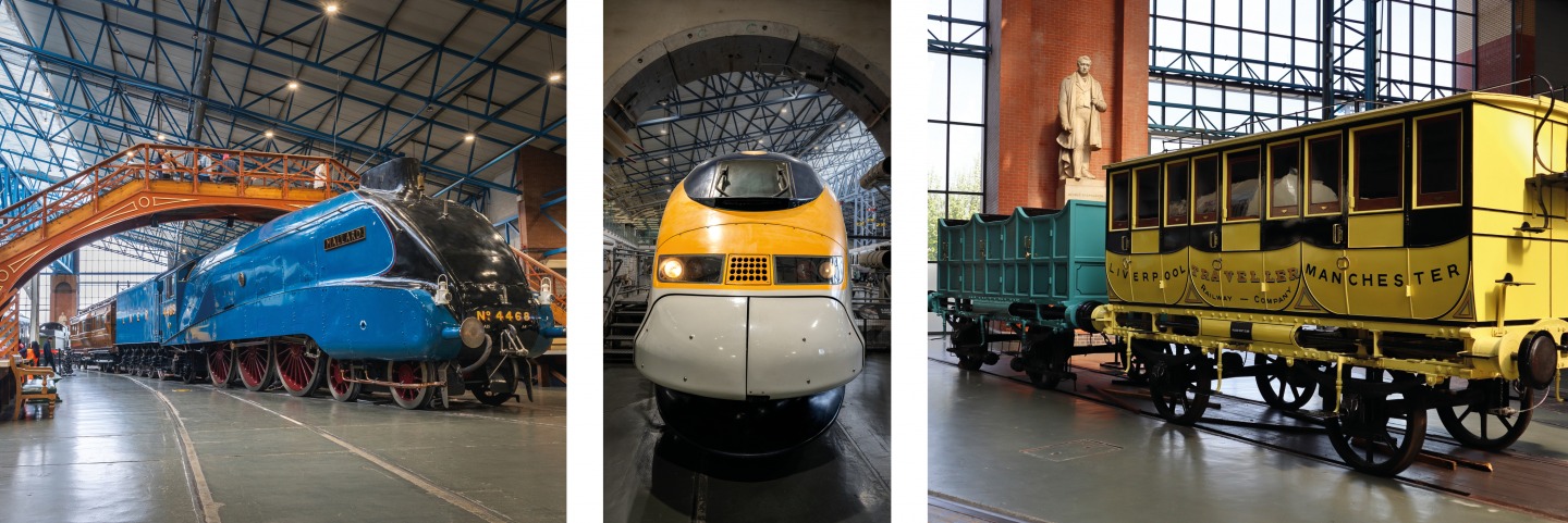 L-R: The Mallard steam locomotive in the National Railway Museum | A Eurostar high speed express train in the National Railway Museum | Restored historic carriages from the Liverpool and Manchester Railway at the National Railway Museum