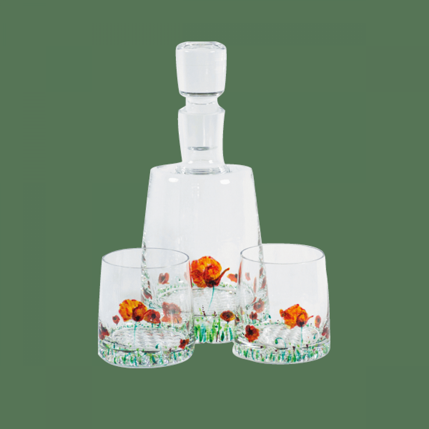 Poppy hand-painted glass decanter and two tumblers,