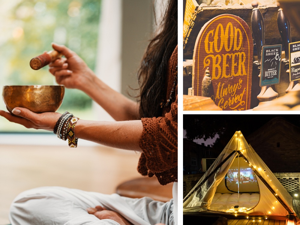 soundbath yoga bowl, beer taps and tent made into a cinema