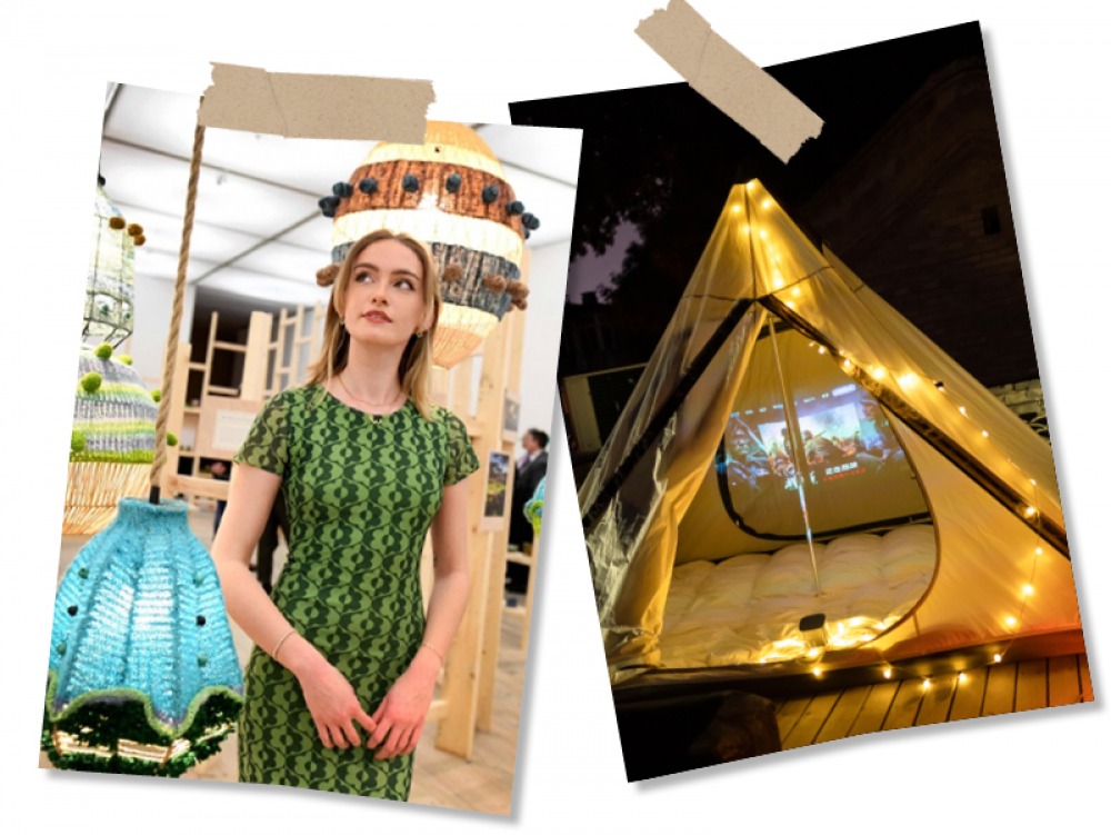 women infant of artwork, tent made into a cinema
