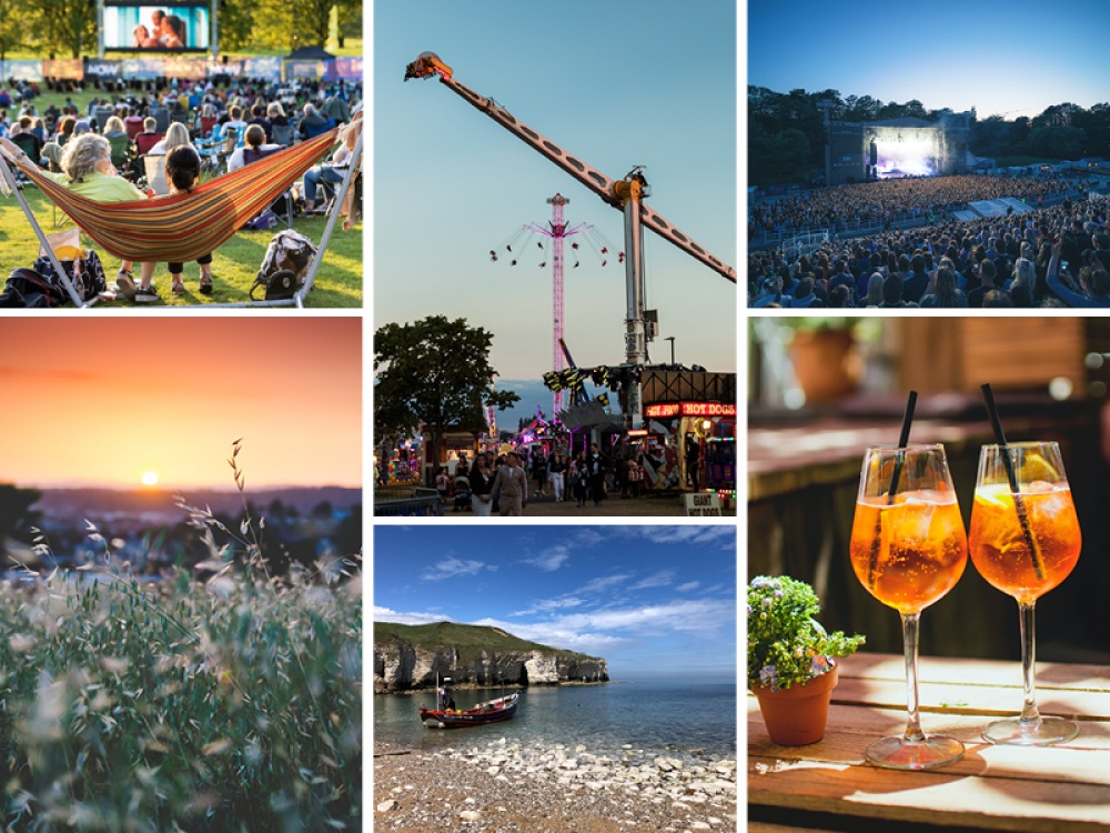Clockwise from top left: Adventure Cinema, The Hoppings, Scarborough Open Air Theatre,