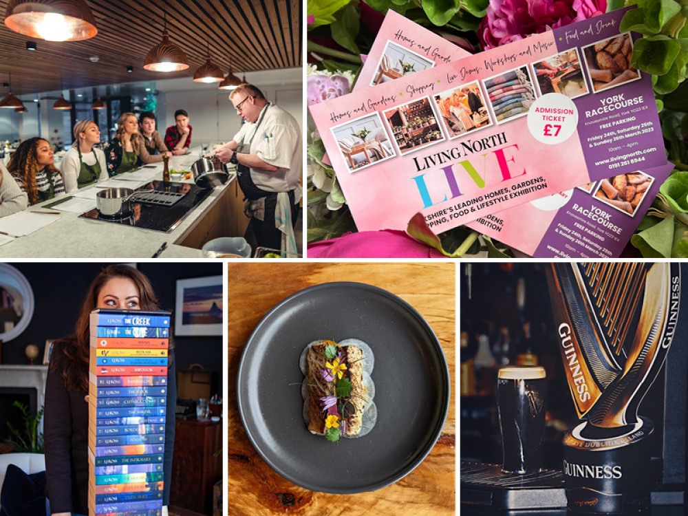 collage of images, including a cooking demonstration, festival tickets, a pile of books, a black plate of food and a pint of Guinness