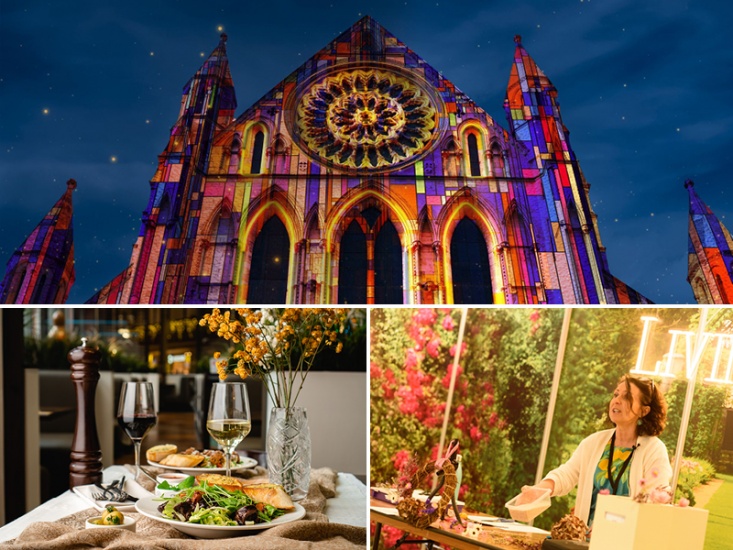 3 different pictures, cathedral with lights projected on to it at night, two glasses of wine next to a salad and a lady holding a tub of sand